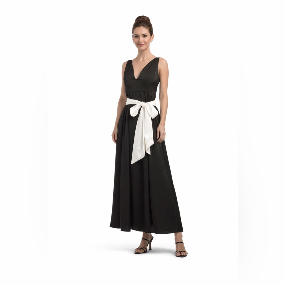 Dalia MacPhee Black Satin Tea Length Bow Dress Size L Pockets Elegant Formal